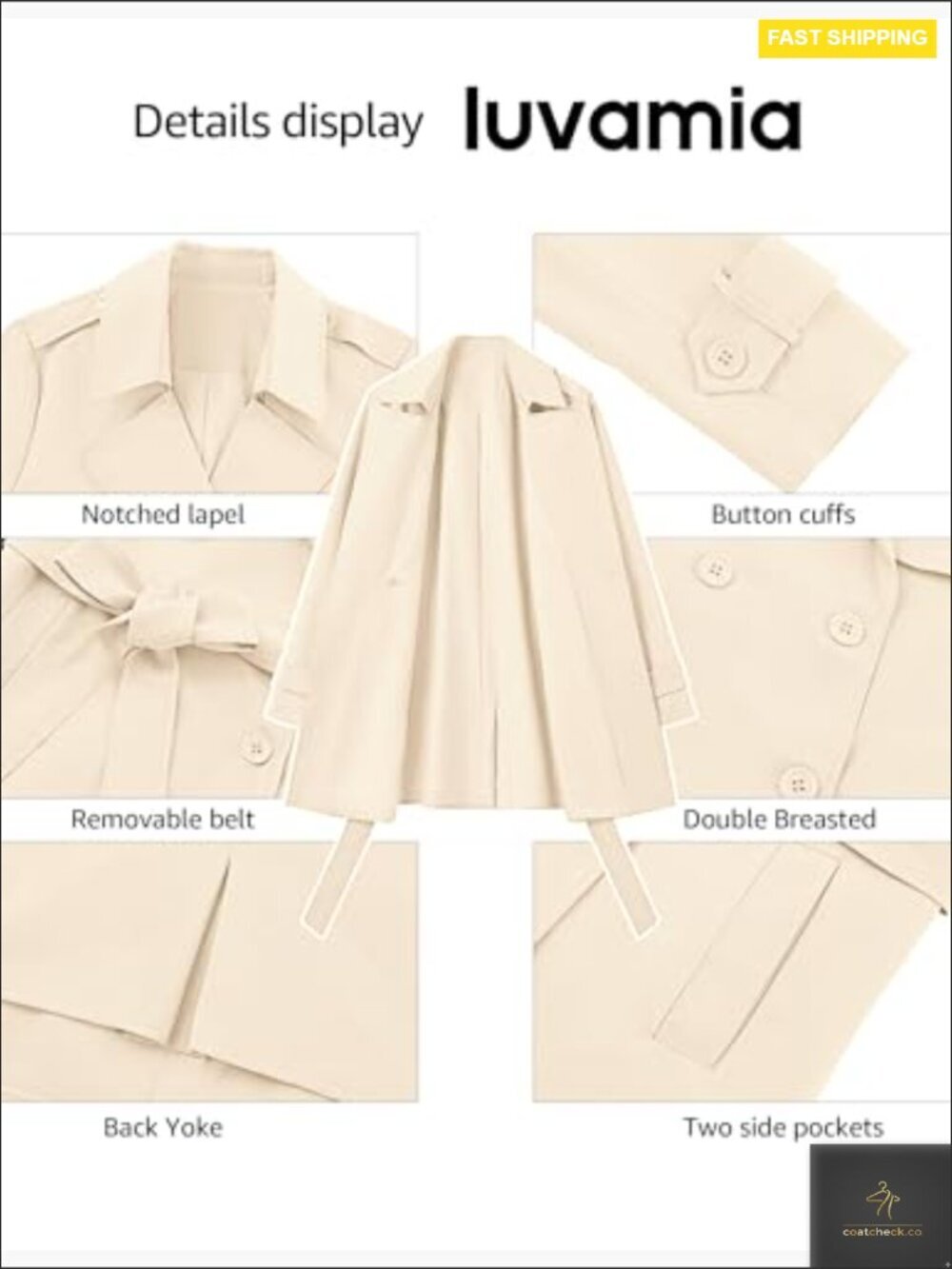 Classic Trench Coat Double Breasted Belted Business Casual Fall Outerwear - Picture 6 of 7